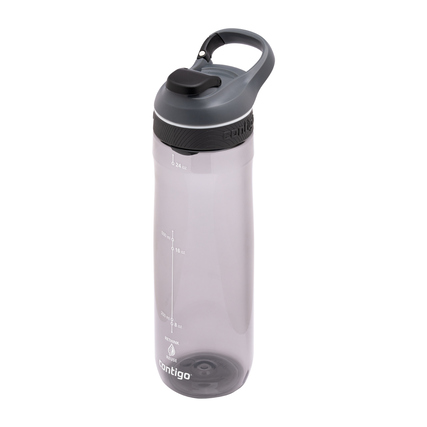Trinkflasche aus transparentem Kunststoff mit schwarzem Deckel und Karabinerhaken.