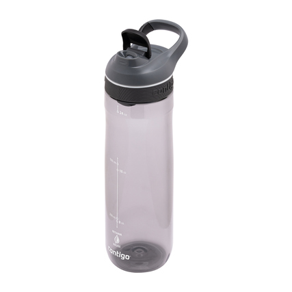 Trinkflasche aus klarem Kunststoff mit grauem Deckel und Maßskala seitlich.