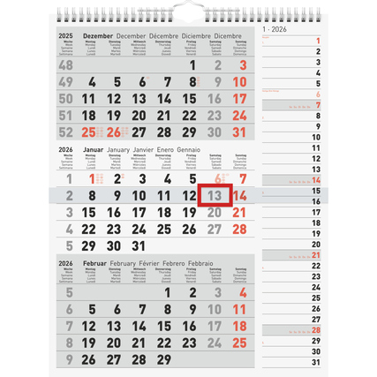 Wandkalender 2026 mit rechtsbündigem Streifenkalender des aktuellen Monats.