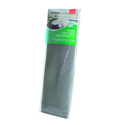 Graue Abtropfmatte in Verpackung, geeignet für Geschirr und Gläser, mit Mikrofaserbezug.