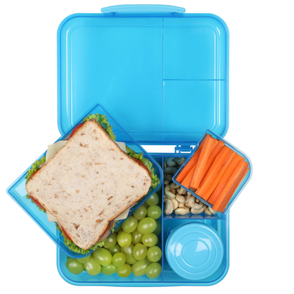 Blaue Lunchbox mit verschiedenen Lebensmitteln wie Sandwich, Trauben, Karotten und Nüssen.