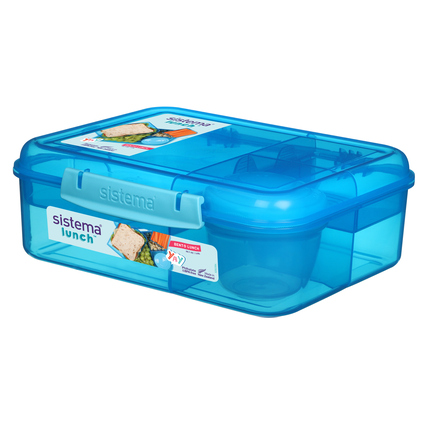 Blaue Bento Lunchbox mit mehreren Fächern und herausnehmbarem Joghurtbecher.
