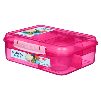 Pinkfarbene Bento Lunchbox mit mehreren Fächern und Joghurtbecher.