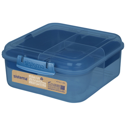Blaue Lunchbox mit mehreren Fächern und einem Deckel in quadratischer Form.