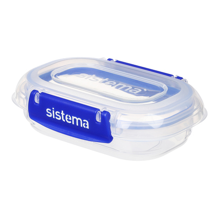 Transparente Vorratsdose mit blauen Clips und auslaufsicherer Dichtung, geschlossen.