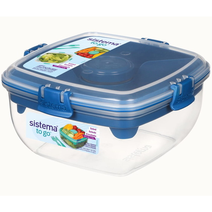 Durchsichtige Lunchbox mit blauen Clips und Fächern für Salat und Dressing, inklusive Besteck.