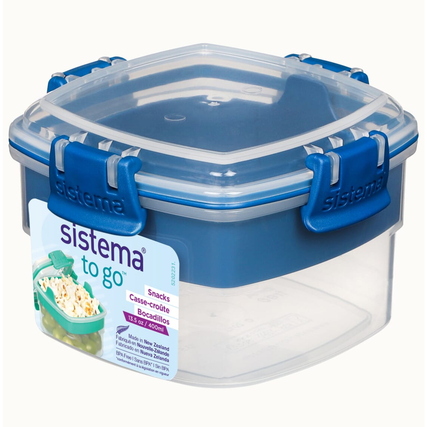 Durchsichtige Lunchbox mit blauen Clips, herausnehmbarer Schale und flexiblem Dichtungsrand.