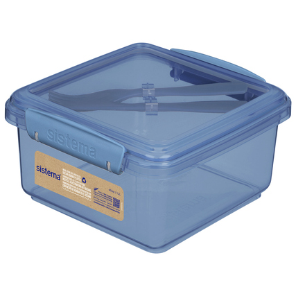 Blaue lunchbox mit Deckel und beiliegendem Besteck, für Lebensmittelaufbewahrung geeignet.