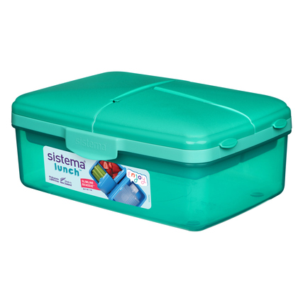 Türkisfarbene Lunchbox mit Deckel und Sichtfenster für mehrere Fächer.