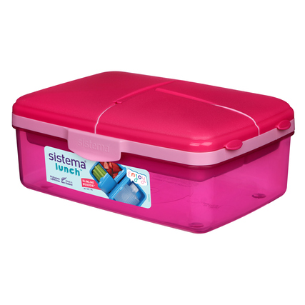 Pinkfarbene Lunchbox mit mehreren Fächern und abnehmbaren Deckel.