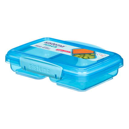 Blaue Kunststoff-Lunchbox mit zwei Fächern und leicht verschließbaren Clips.