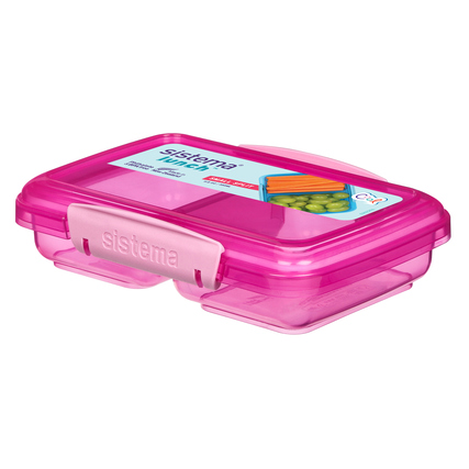 Rosa Lunchbox mit zwei Fächern und leichtem Verschluss, ideal zur Lebensmittelaufbewahrung.