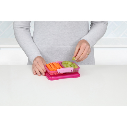 Eine Person hält eine Sistema Lunchbox mit abgetrennten Snacks wie Karotten und Trauben.