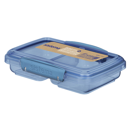Blaue Lunchbox mit zwei Fächern und einem Deckel, seitliche Ansicht.