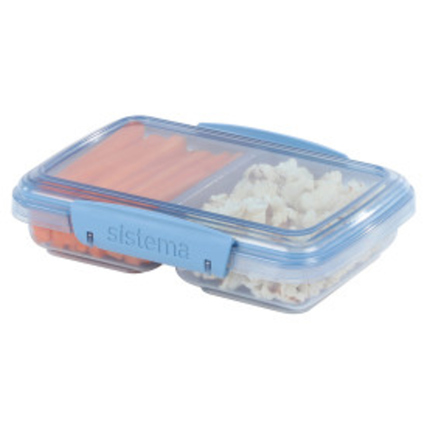 Mehrteilige Lunchbox mit verschiedenen Fächern für Snacks und Gemüse, in transparenter Ausführung.