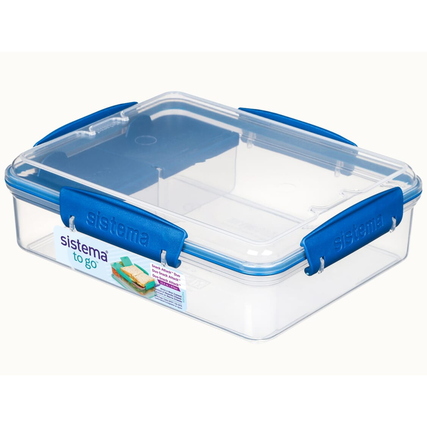 Transparente Lunchbox mit blauen Clips und zwei Innenfächern für Snacks.