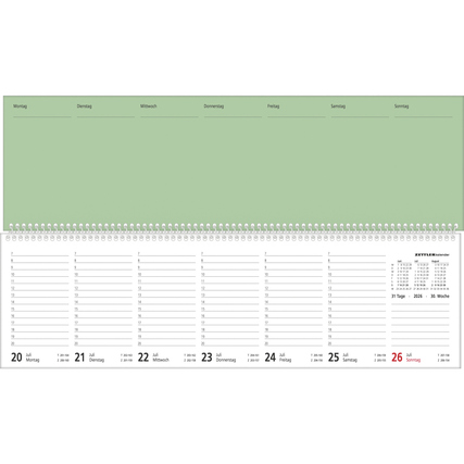 Querkalender 2026 mit abwechselnd weißem und grünem, perforiertem Papier.
