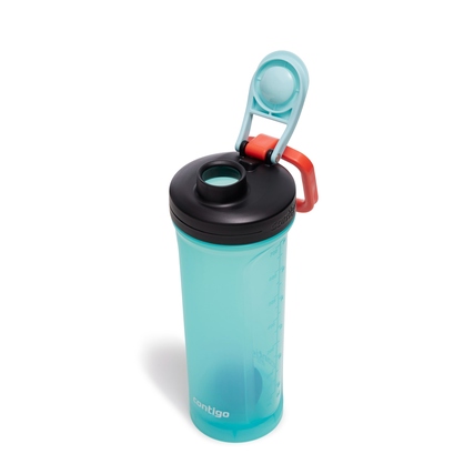 Türkisfarbene Shakerflasche mit ausklappbarem Deckel und Karabinergriff.