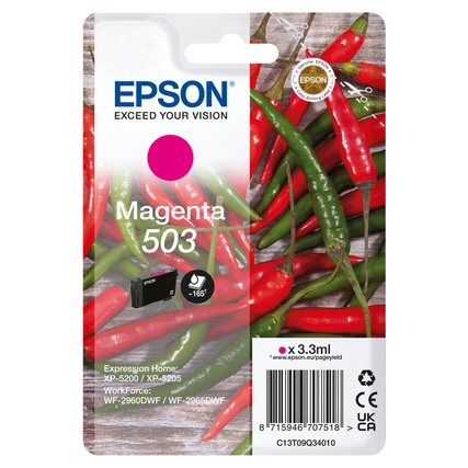 Epson Tintenpatrone 503 in Magenta auf Verpackung mit roten Chilischoten im Hintergrund.