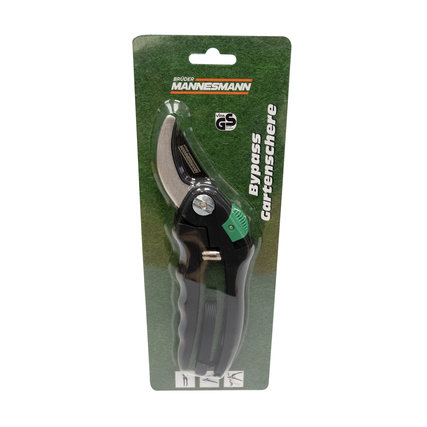 Gartenschere mit Antihaft-Beschichtung und Einhand-Sicherheitsverschluss auf grüner Verpackung.