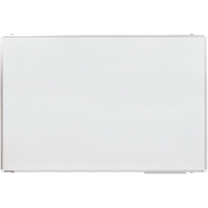 Weißes, rechteckiges Whiteboard mit Kunststoffrahmen und Ecken, ohne sichtbare Markierungen.