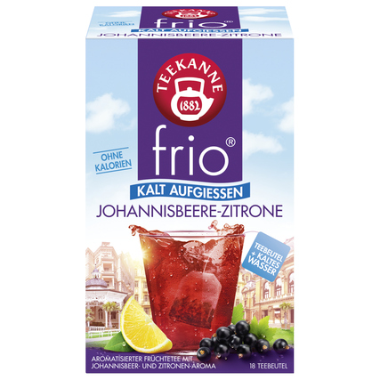 Paket der Teekanne Tee frio Johannisbeere-Zitrone mit Teebeuteln und einem Glas Getränk.