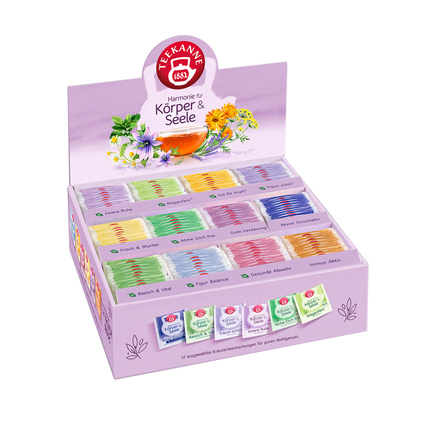 Kollektionskarton mit 12 verschiedenen Teebeuteln der TEEKANNE Wohlfühl-Collection.
