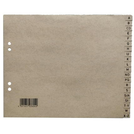 A-Z Register in halber Höhe mit alphabetischen Buchstabensymbolen an der Seite.