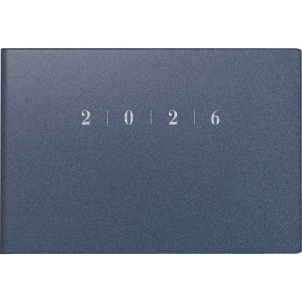 Blauer Taschenkalender für das Jahr 2026 mit hervorgehobenen Zahlen auf dem Cover.