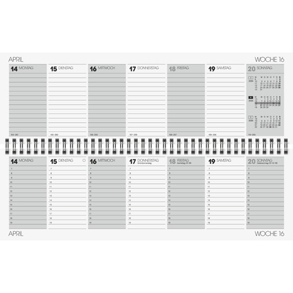 Wöchentlicher Querkalender für April 2026 mit Spalten für Tage und Wochenübersicht.