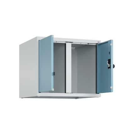 Offener Aufsatzschrank Evolo PLUS mit zwei seitlichen, blauen Türen und Schloss.