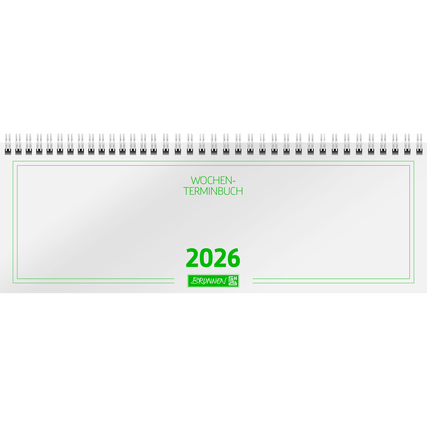 Querkalender für das Jahr 2026 mit Spiralbindung und grünem Schriftzug.