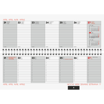 Querkalender 2026 mit Kalenderwochen und Monatsansicht für April auf einer geöffneten Seite.
