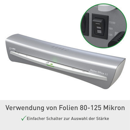 Laminiergerät in dunklem Grau mit Bedienfeld und Symbolen für Folienstärken von 80-125 Mikron.