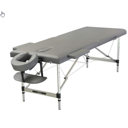 Mobile Massageliege mit Kopfstütze und verstellbaren Beinauflagen in grau.