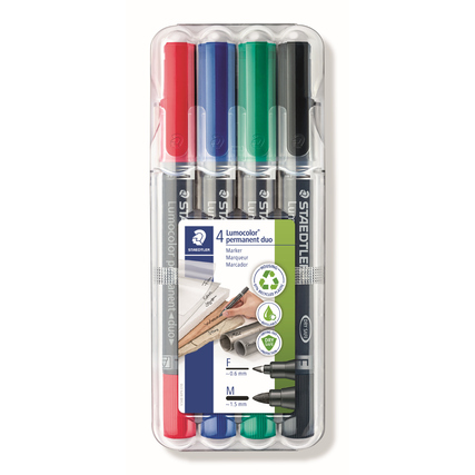 Vier STAEDTLER Permanentmarker Lumocolor Duo in verschiedenen Farben in einer Verpackung.