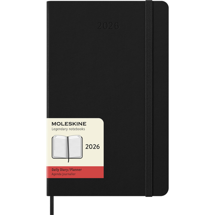 Schwarzer Hardcover-Buchkalender für 2026 mit Gummiband und Aufkleber auf der Vorderseite.