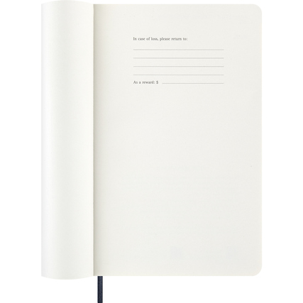 Offene Seite eines Moleskine Buchkalenders mit Platz für Kontaktinformationen und Belohnungen.