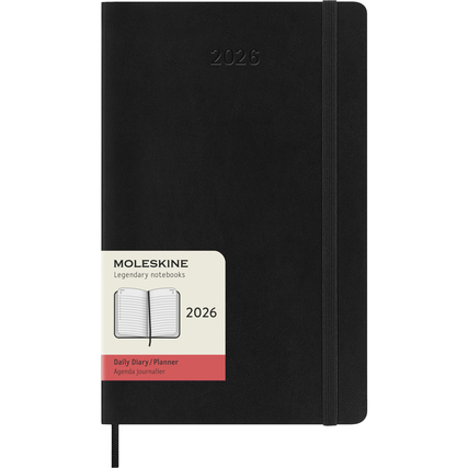 Schwarzer Moleskine Buchkalender 2026 im Softcover mit Gummiband und Etikett auf der Vorderseite.