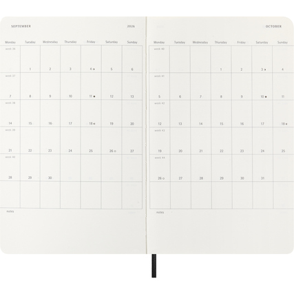 Zwei offene Seiten eines schwarzen Buchkalenders mit Monatsansicht für September und Oktober 2026.