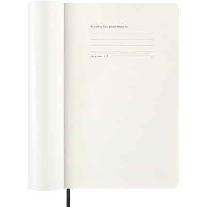 Offene Seite eines schwarzen Moleskine Buchkalenders mit einer Rückgabeseite im Innenformat.