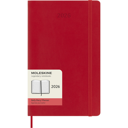 Roter Softcover-Buchkalender im DIN A5-Format mit Jahresangabe 2026 auf dem Cover.