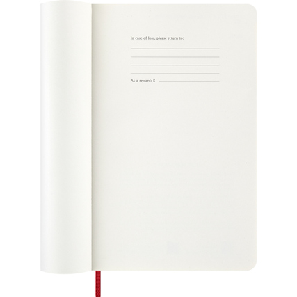 Offene Seitenansicht eines scharlachroten Moleskine Buchkalenders mit linierter Rückseite.