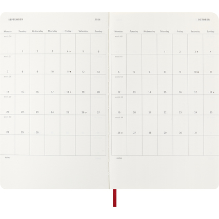 Tageskalender im DIN A5 Format für 2026 mit Softcover in scharlachrot und Datumstagen pro Seite.