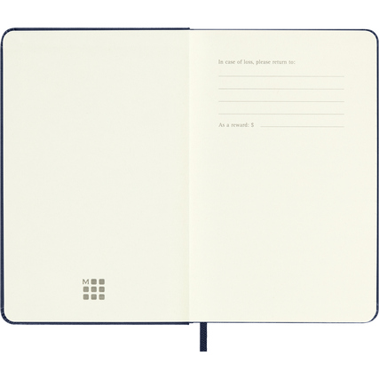 Offene Innenseite eines Moleskine Buchkalenders mit Platz für persönliche Daten.