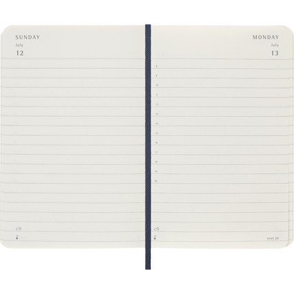 Offene Innenseite eines Moleskine Buchkalenders mit Datum und leeren Zeilen für Notizen.