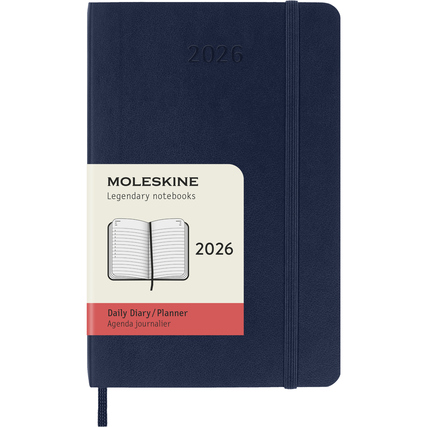 Blauer Softcover-Buchkalender für 2026 mit täglicher Ansicht und elastischem Verschluss.