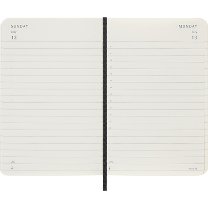 Doppelseitige Ansicht eines Moleskine Buchkalenders mit Wochenübersicht.