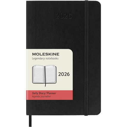 Schwarzer Moleskine Buchkalender 2026 im Softcover mit täglicher Seitenstruktur.