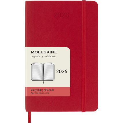 Scharlachroter Moleskine Buchkalender 2026 mit Softcover und Gummibandverschluss.